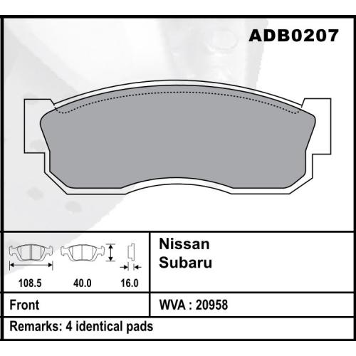 JGO. PASTILLAS FRENO NISSAN SUNNY B11 82...86 B12 88...96 MEJICO 108.50x40x16MM COMLINE